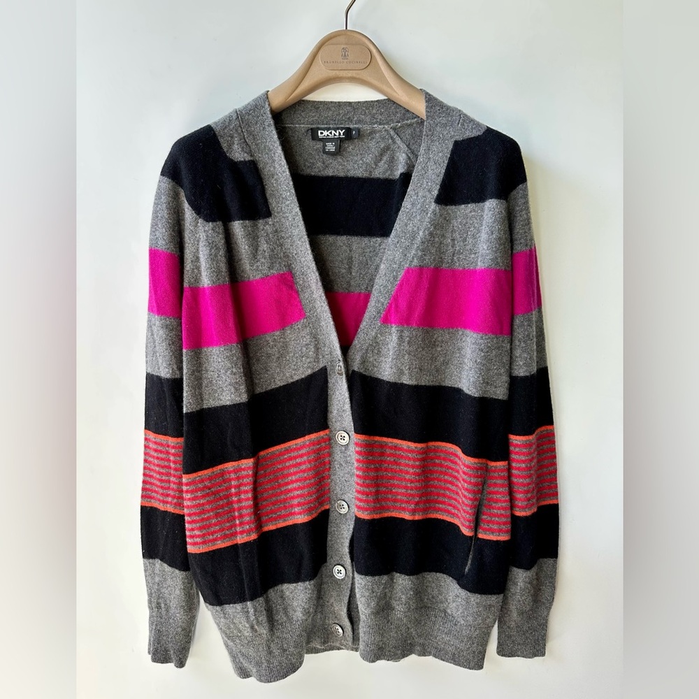 DKNY Cashmere & Merino Striped Cardigan, size P